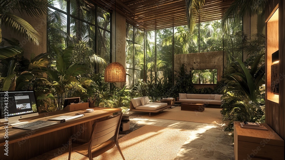 Poster remote co-working space for digital nomads in a tropical setting