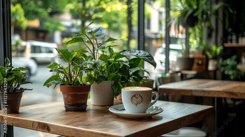 Poster cozy and modern caf corner with comfortable furniture latte art on a wooden table and a large window