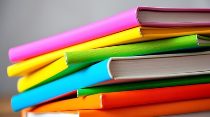 Fototapeta premium A colorful stack of books with vibrant covers, symbolizing education, knowledge, and literature in a playful, lively atmosphere