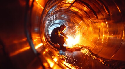 Industrial welder at work inside a glowing metal tunnel, creating sparks. Safety, engineering, and construction expertise in action.
