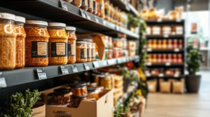 Fototapeta premium Meticulously Arranged Display of Canned Goods and Dry Food Items on Retail Shelves with Empty Aisle Space for Copy or Branding