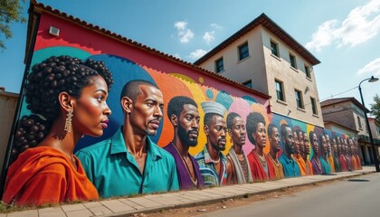 Naklejka premium Colorful murals adorn city wall. Diverse people depicted in art. Vibrant colors illustrate cultural heritage, inclusivity. Urban art festival transforms cityscapes. Local stories, artistic