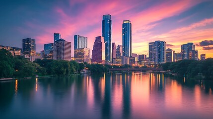Obraz premium Austin Texas Skyline at Sunset. Cityscape, Urban, Travel, Tourism