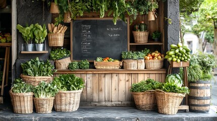 Inviting Entrance to a Charming Grocery Store Showcasing a Chalkboard Sign Advertising Daily Specials and Surrounded by Baskets Brimming with Fresh Seasonal Produce