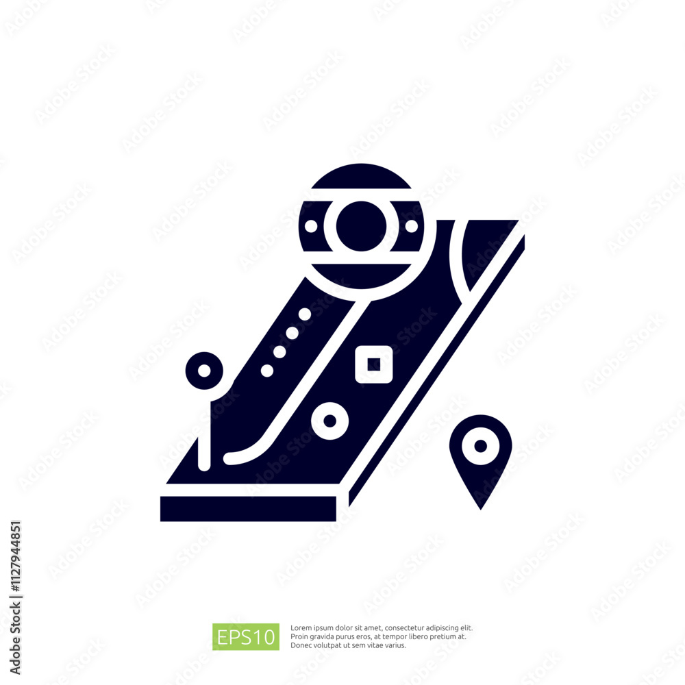 Poster a minimalist graphic representation of a road with a location pin, depicting navigation or mapping c
