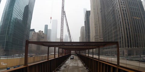Fototapeta premium This image depicts a bustling city skyline with a construction site, illustrating the ongoing growth and development of urban environments and human ambition.