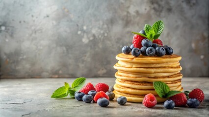 A stack of golden pancakes topped with fresh blueberries and raspberries, garnished with mint leaves, sits on a gray surface.