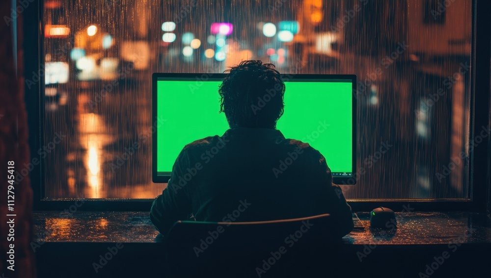 Aufkleber man working on computer at night, rain outside.
