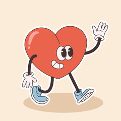 groovy heart character for Valentines day illustration. Retro cartoon style valentines day.