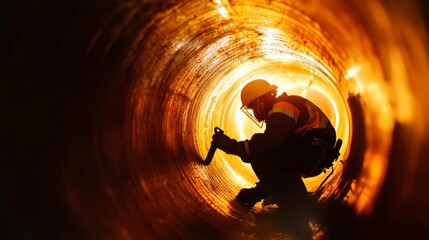 Professional worker conducting maintenance inside industrial pipeline tunnel, highlighting safety measures and efficiency in infrastructure projects.