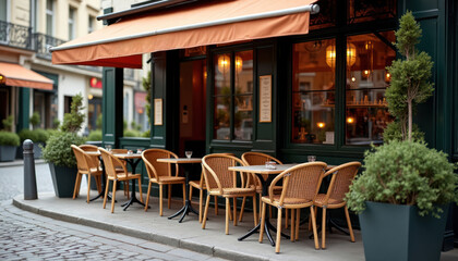 Quaint Parisian cafe outdoor seating area features brown awning, wicker chairs. Empty tables suggest calm atmosphere. Plants in dark green pots add touch of nature. City ambiance visible through cafe