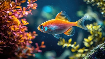 Fototapeta premium Neon tetra glides through a lush freshwater tank, showcasing its brilliant colors against a backdrop of lively aquatic plants and illuminated water
