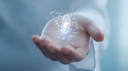 healthcare  concept with doctor holding a digital pill in hand.