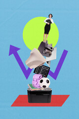 Composite trend artwork sketch image collage of trader arrow aim office busy young lady stand pile...