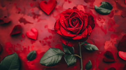 Naklejka premium Red rose surrounded by heart-shaped decorations for Valentine's Day celebration