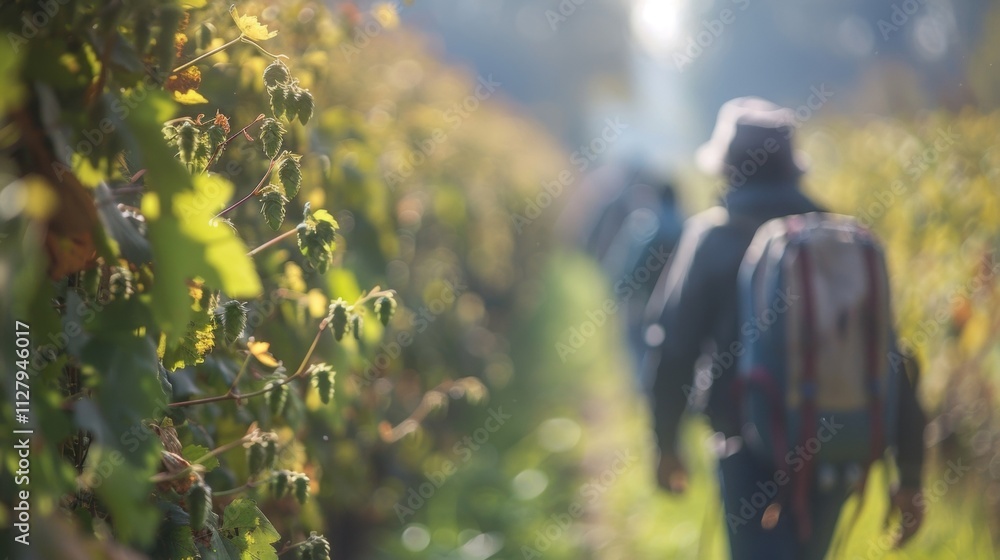 Poster hazy snapshot of a tour group taking a stroll through the hop fields outside the brewery.