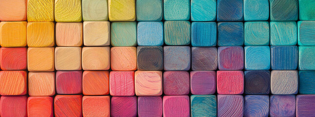 colorful wooden blocks arranged in a rainbow pattern background texture