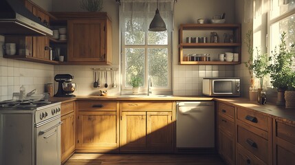 Fototapeta premium Sunlit rustic kitchen with wooden cabinets, appliances, and window.