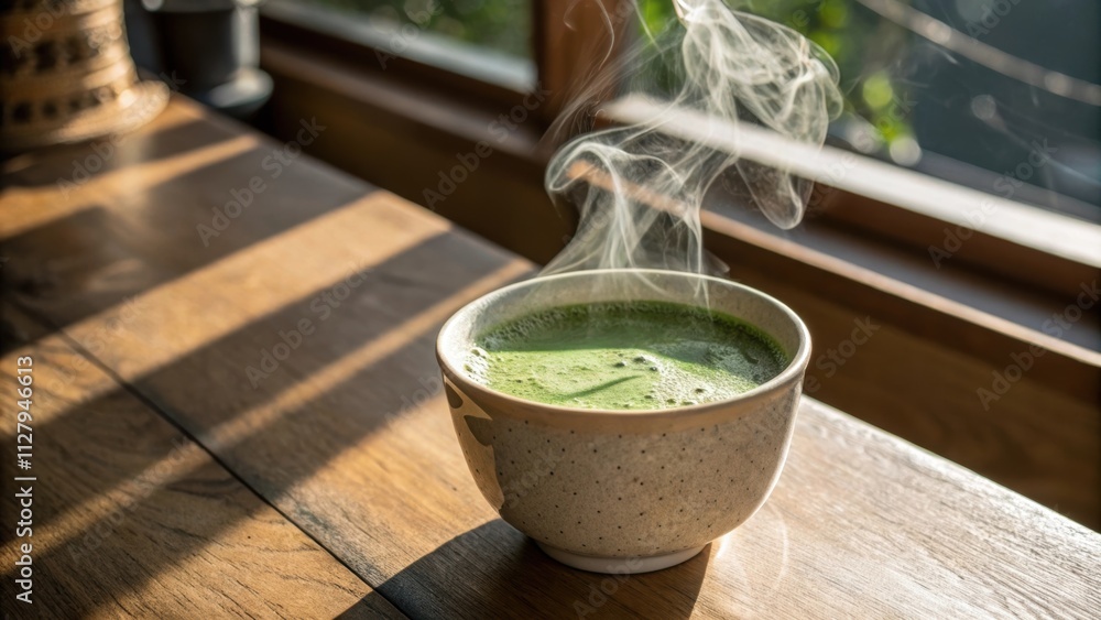 Poster sunlight filters through translucent steam rising from a cup of freshly whisked matcha tea the froth