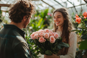 Young woman smiling while receiving a bouquet of pink roses from a man in a lush greenhouse setting. Romantic and nature-inspired moment. Valentine Day and love celebration concept