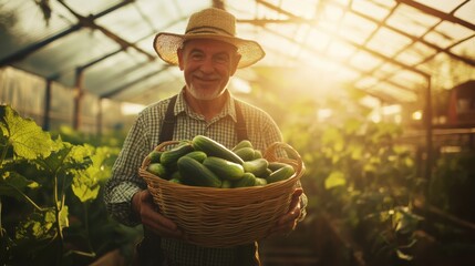 Obraz premium A medium shot of a farmer in a sunlit greenhouse, proudly presenting a basket filled with fresh cucumbers, highlighting the abundance and freshness of the harvest