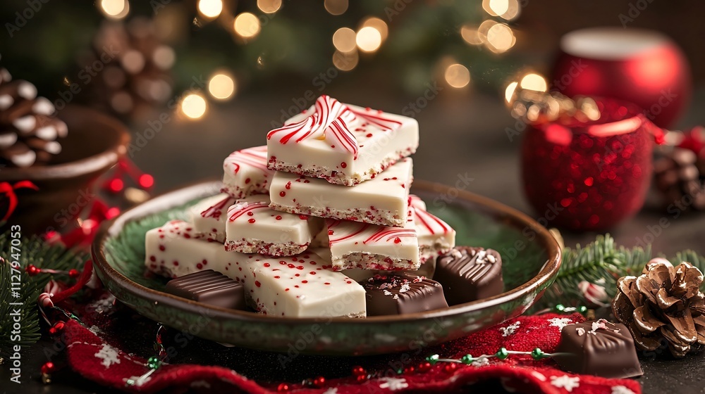 Poster delicious peppermint bark and assorted christmas themed chocolates beautifully displayed on a festiv