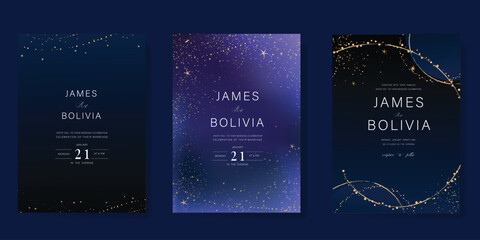 Luxury invitation card design vector set. Elegant wedding card with little star moon sun meteor and space decorative on navy blue background. Design illustration for cover, poster, gala.