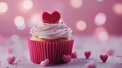 Delightful Valentine's Day cupcake adorned with heart-shaped decoration and pink sprinkles
