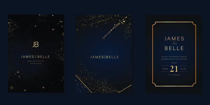 Luxury invitation card design vector set. Elegant wedding card with little star moon sun meteor and space decorative on navy blue background. Design illustration for cover, poster, gala.