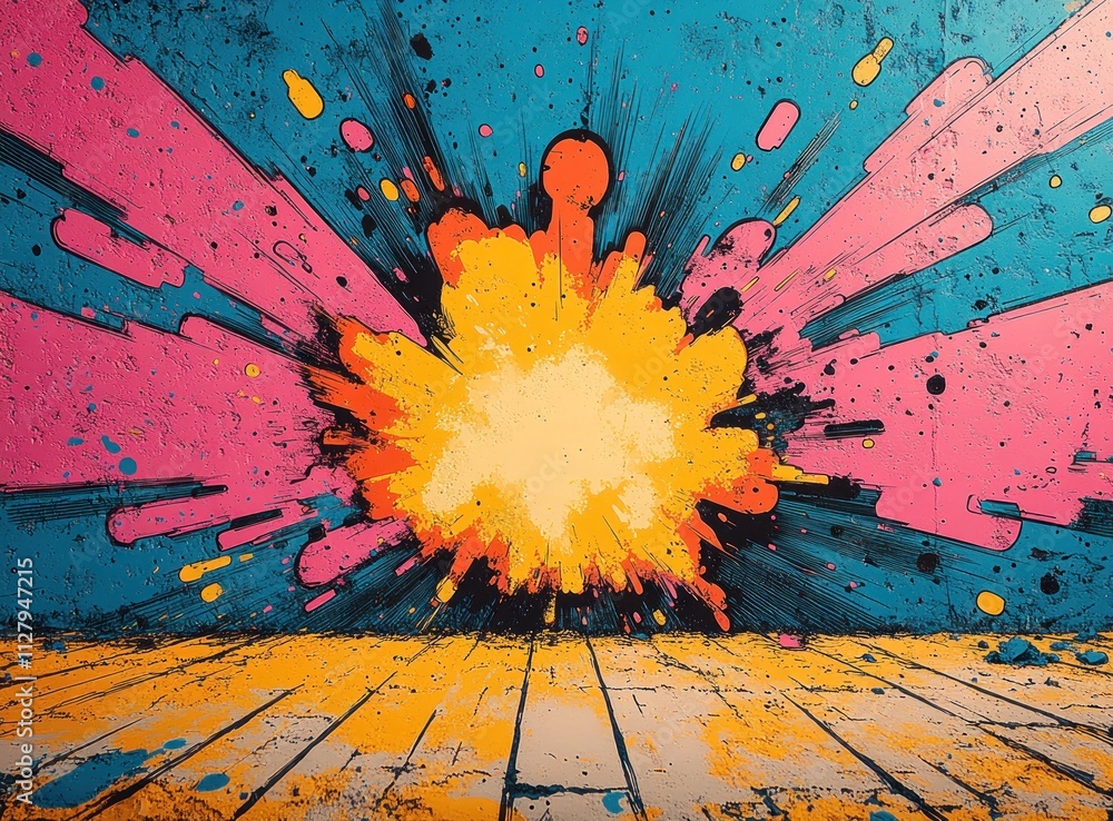 Poster dynamic explosion effect in pop art style with halftone background