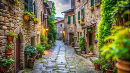 Tilt-Shift Photography of a Quaint Alley in the Medieval Village of Montefioralle, Florence, Showcasing Historic Architecture and Charming Stone Pathways in Italy