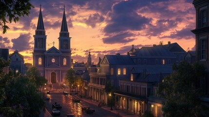 Fototapeta premium Sunset cityscape, church, old buildings, street, twilight.