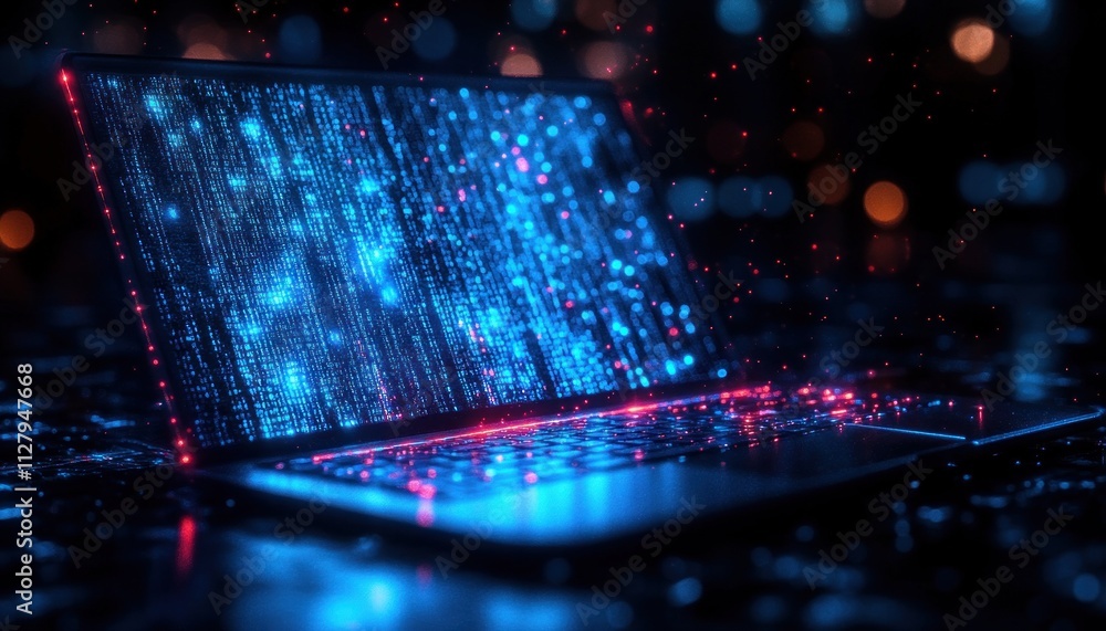 Poster dark cyberpunk laptop displaying glowing code in minimalist environment