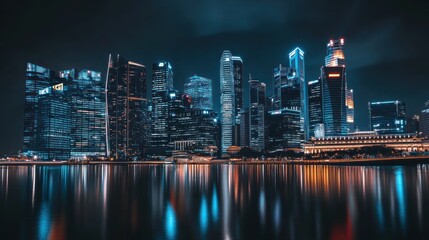 Obraz premium Modern city skyline at night, skyscrapers lit up, serene river reflecting city lights