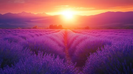 Vibrant sunset over a vast lavender field, rows of purple flowers stretching to distant mountains.