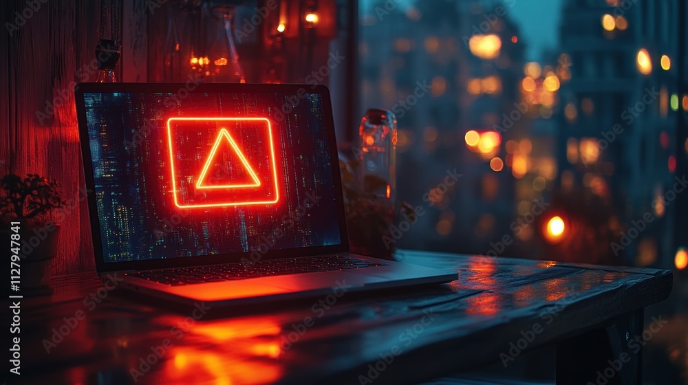 Poster warning sign on laptop screen indicating tech outages and cyber attacks with digital disruption in c