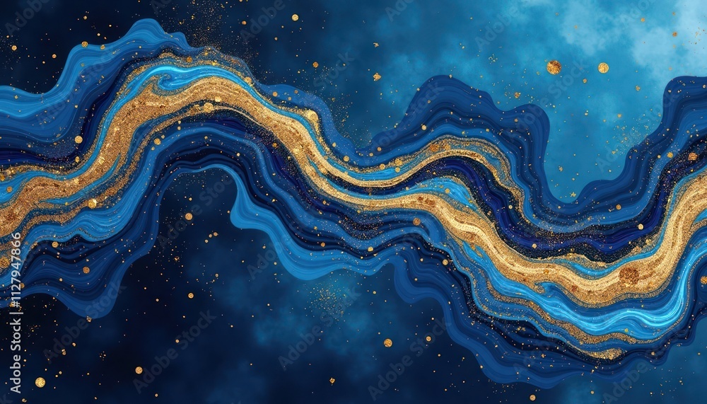Poster abstract design with flowing blue waves. gold particles create a luxurious pattern. dynamic and eleg