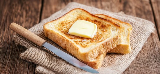 A golden slice of buttered toast sits on a rustic cloth, accompanied by a knife, evoking warmth and comfort.