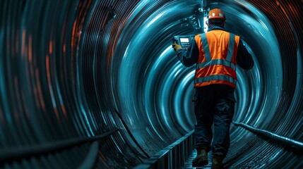 Engineer in safety gear inspecting underground tunnel with tablet. Construction technology,...