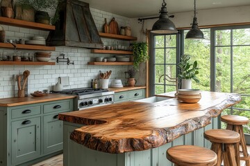 Rustic farmhouse kitchen with live-edge island, green cabinets, and wood shelving.