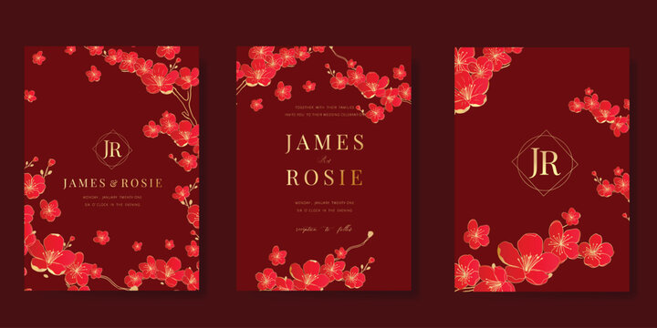 Luxury invitation card design vector set. Elegant wedding card with flower on red background. Design illustration for cover, poster, gala.