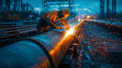Skilled worker welding large industrial pipeline at construction site, enhancing infrastructure and ensuring efficient energy transportation network.