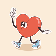 groovy heart character for Valentines day illustration. Retro cartoon style valentines day.