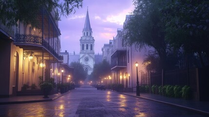 Obraz premium Misty dawn street, church steeple, old buildings.