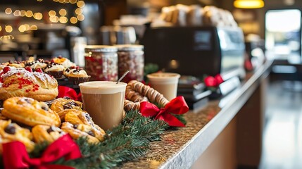 Festive caf counter adorned with garlands and red bows displaying a variety of holiday pastries and drinks with an open area in the background available for text overlay or additional design elements