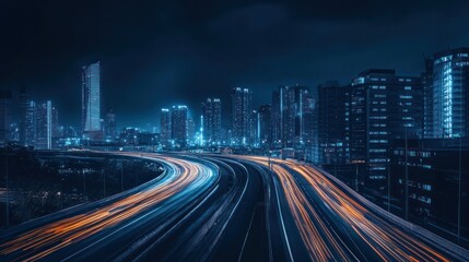 Fototapeta premium Nighttime winding highway through an urban landscape, neon lights and skyscrapers in the distance