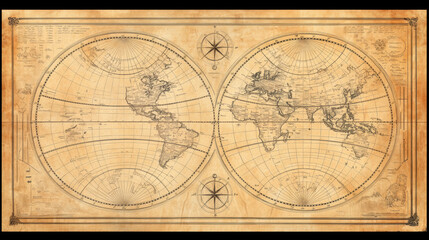 Vintage world map with detailed outlines on textured parchment, featuring dual hemispheres, compass roses, and intricate cartographic elements for historical aesthetic