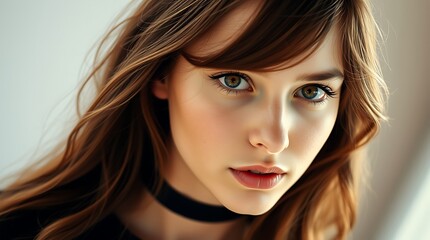 Naklejka premium A close-up portrait of a young woman with soft sunlight casting dramatic shadows on her face, evoking a serene yet intense mood showing subtle expression and natural beauty