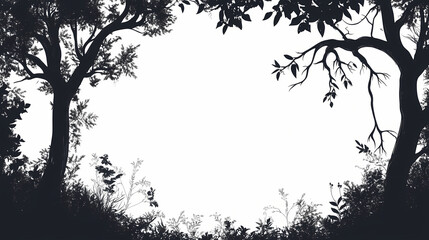 Silhouette frame. forest border design with trees, shrubs, and snags. Fable. Illustration