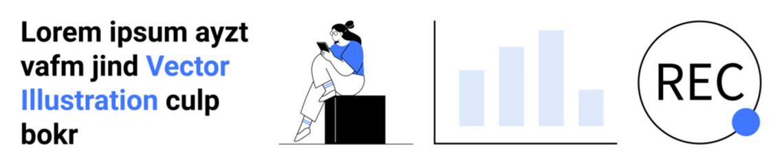 Woman sitting and reading, graphical bar chart, and record symbol. Ideal for education, data analysis, recording, modern design, technology analytics digital learning. Landing page